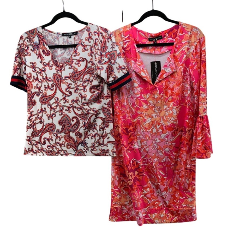 Julian Chang Top & Dress Set Womens S Pink White Paisley Floral Shift Boho Artsy